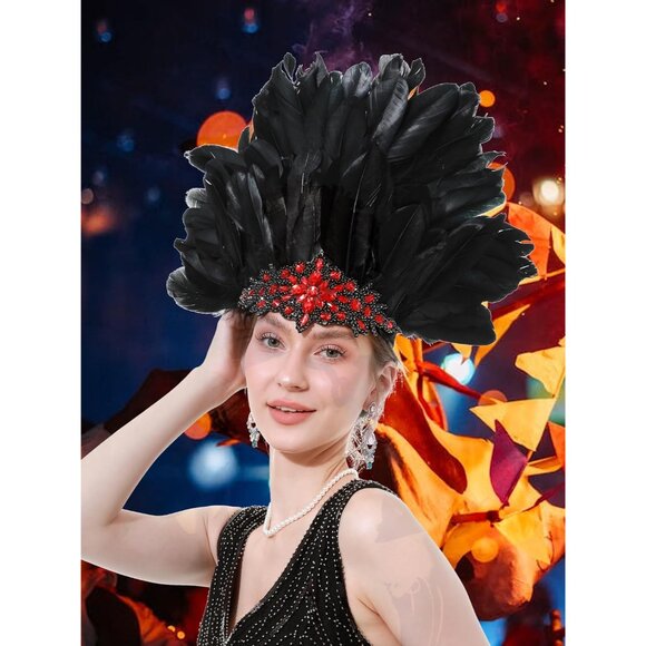 Women's Feather Headpiece Handmade Rhinestones Headband for Costume - Picture 2 of 8